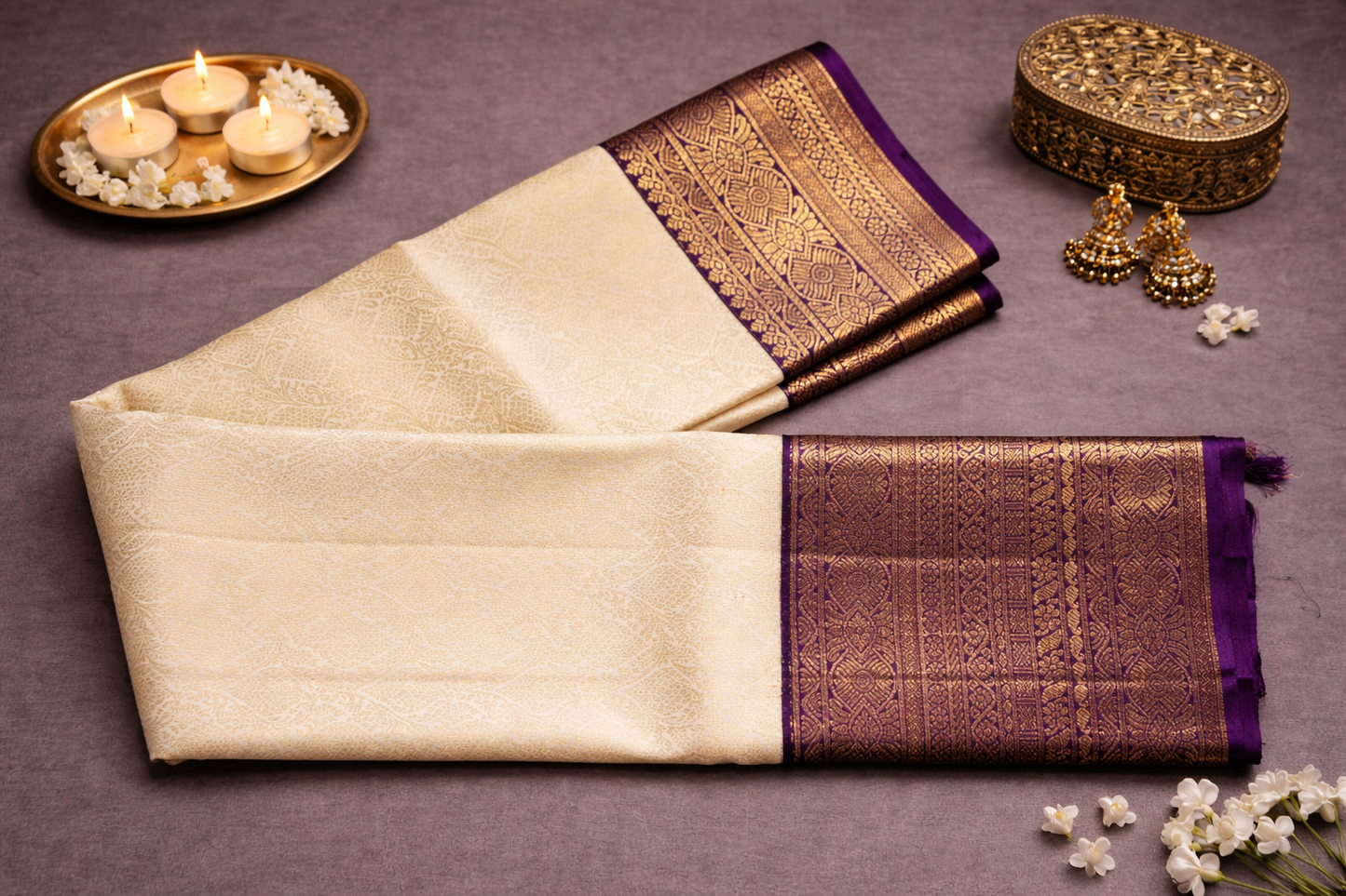 Elegant Cream & Royal Purple Traditional Silk Saree with Rich Zari Border