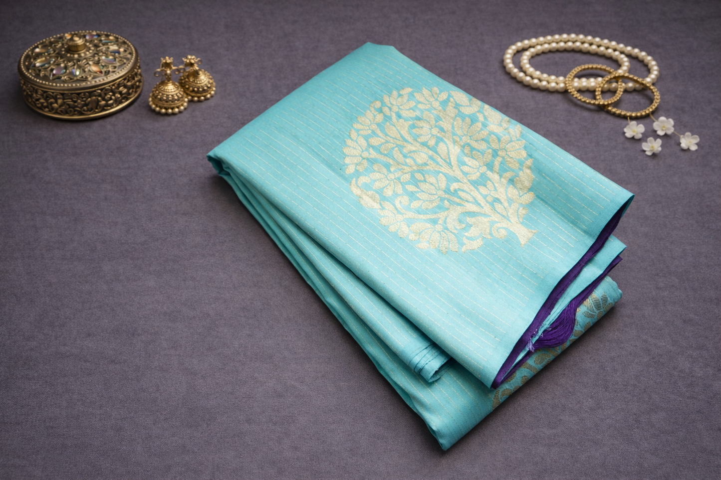 Elegant Aqua Blue & Royal Purple Silk Saree with Rich Zari Woven Pallu