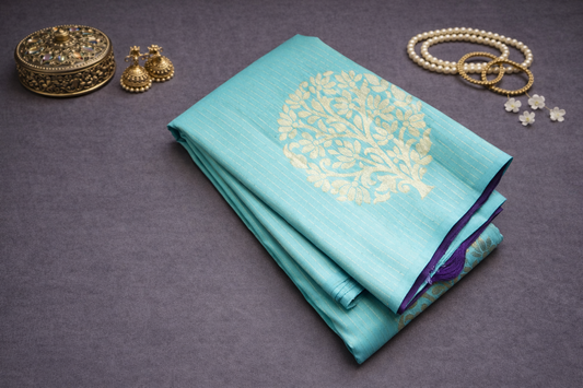 Elegant Aqua Blue & Royal Purple Silk Saree with Rich Zari Woven Pallu