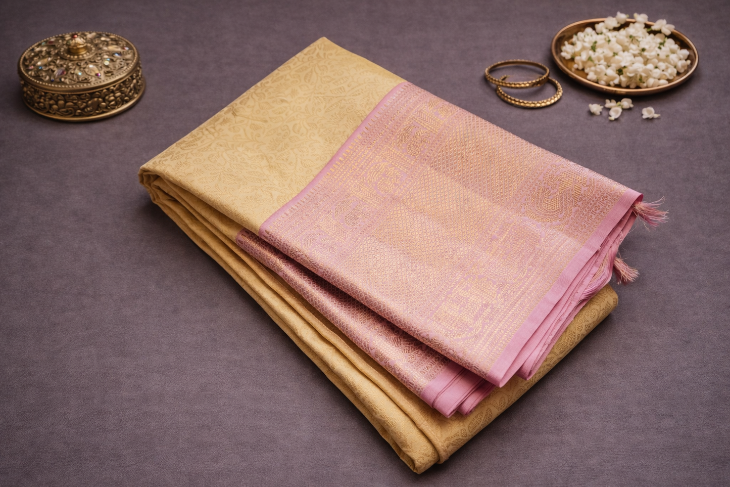 Elegant Golden Beige Silk Saree with Soft Pink Zari Border & Pallu