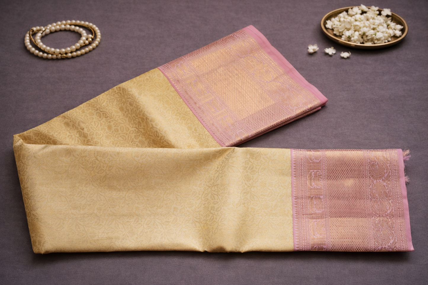 Elegant Golden Beige Silk Saree with Soft Pink Zari Border & Pallu