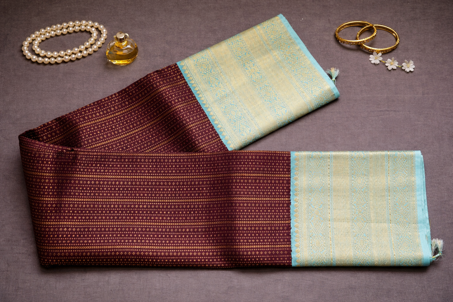 Elegant Maroon & Aqua Blue Silk Saree with Intricate Gold Zari Border