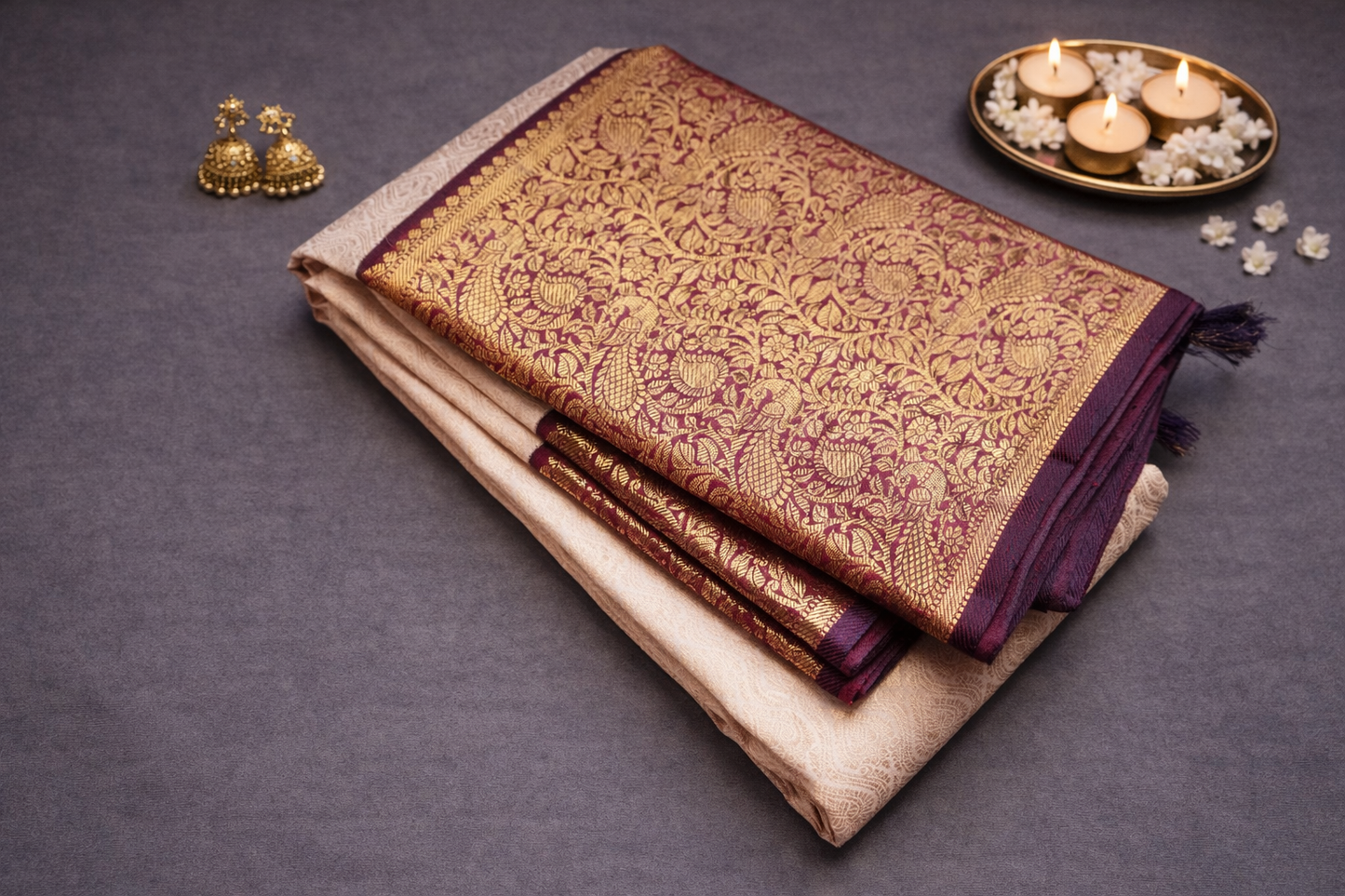 Elegant Cream Silk Saree with Rich Maroon & Gold Zari Border