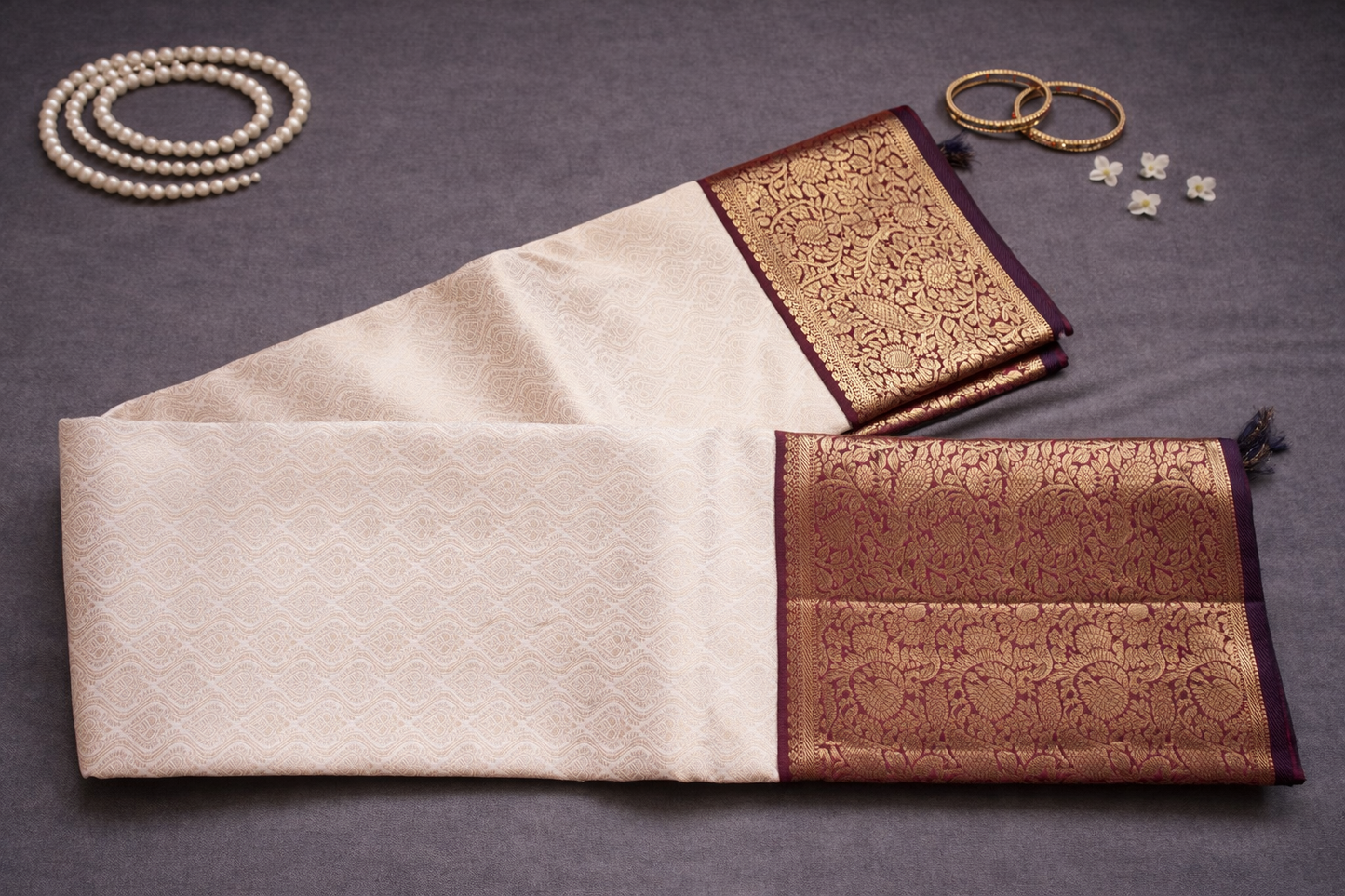 Elegant Cream Silk Saree with Rich Maroon & Gold Zari Border