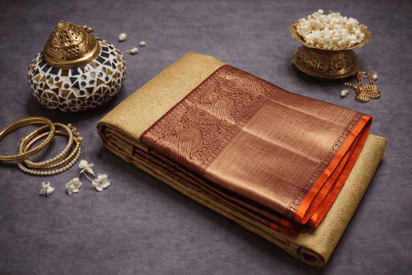 Regal Kanchipuram Silk Saree in Antique Gold & Crimson
