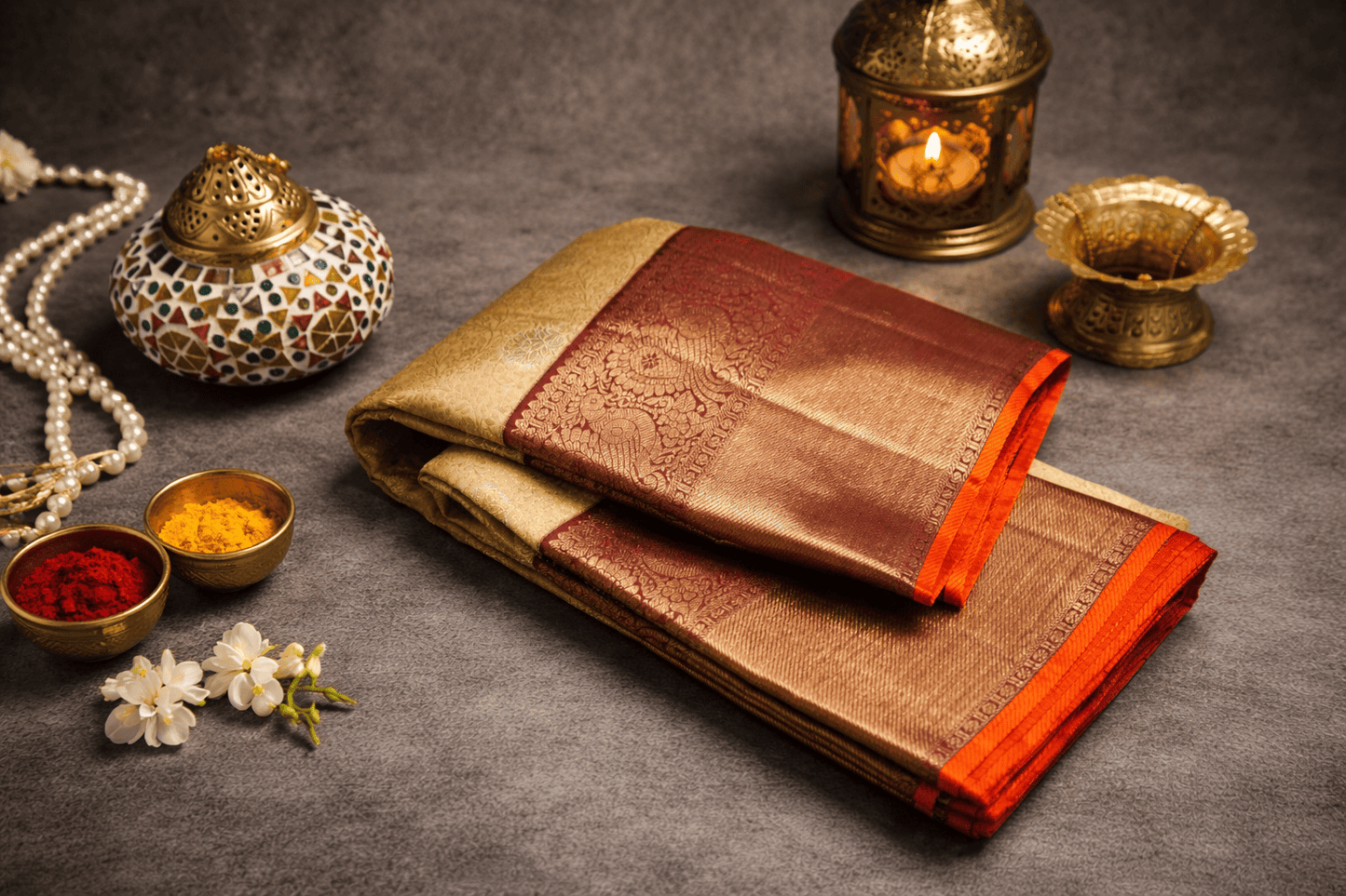 Regal Kanchipuram Silk Saree in Antique Gold & Crimson