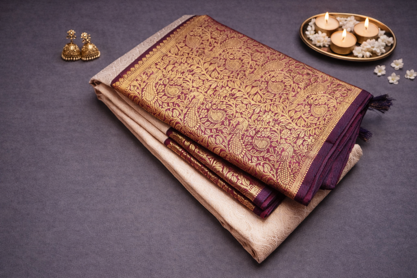 Elegant Cream Silk Saree with Rich Maroon & Gold Zari Border