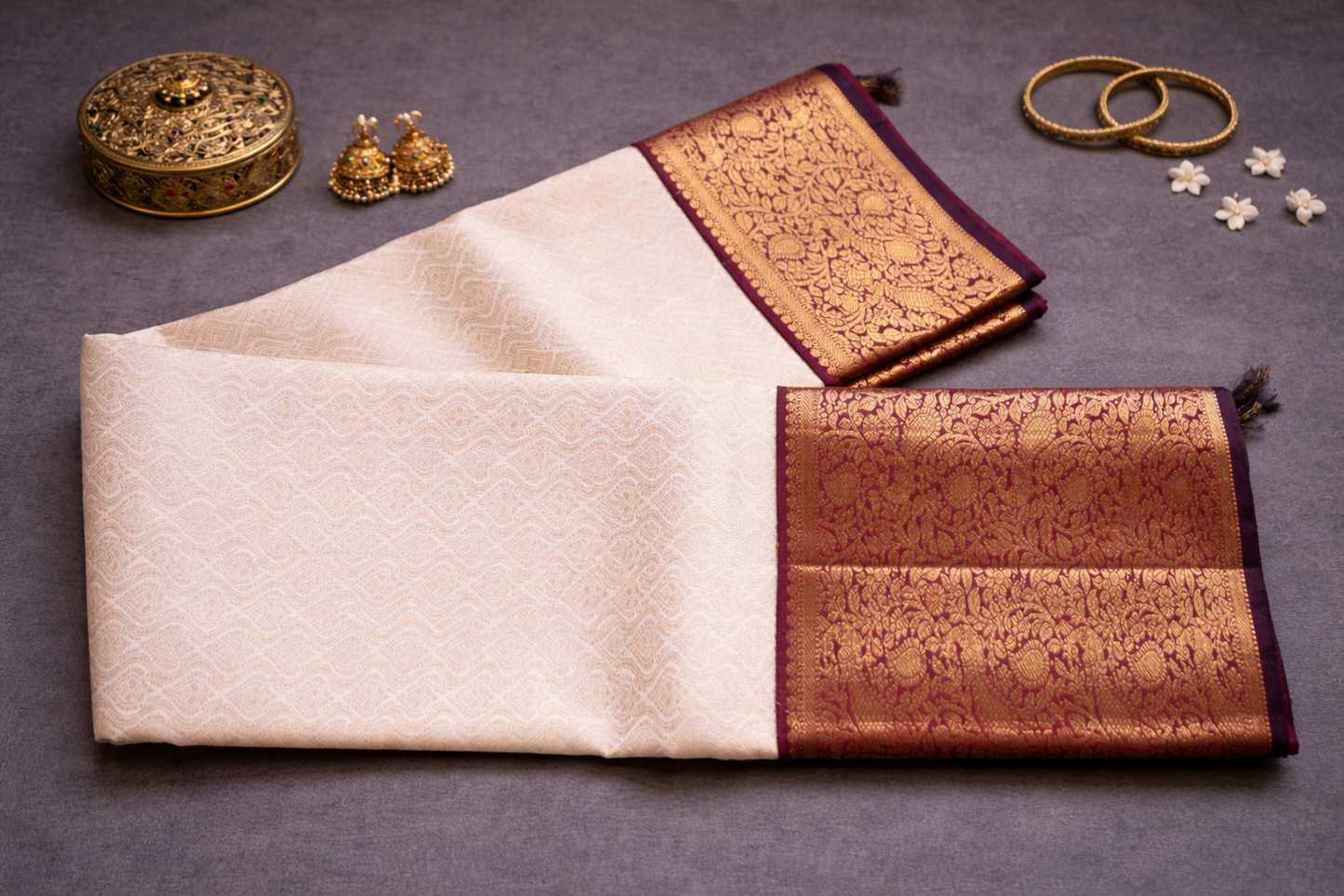 Elegant Cream Silk Saree with Rich Maroon & Gold Zari Border