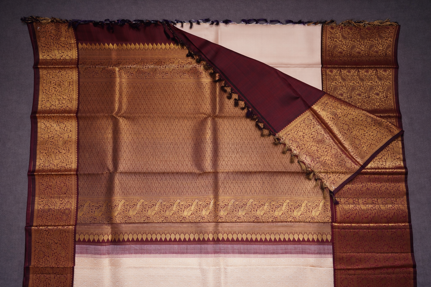Elegant Cream Silk Saree with Rich Maroon & Gold Zari Border