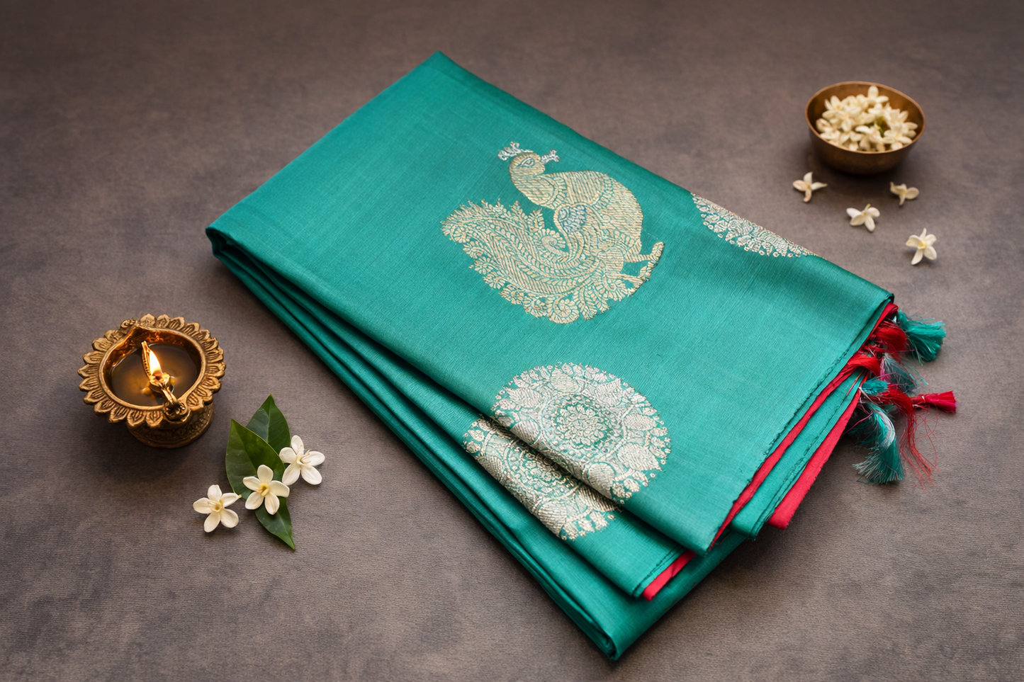 Vibrant Red Silk Saree with Teal Green Border and Gold Zari Motifs