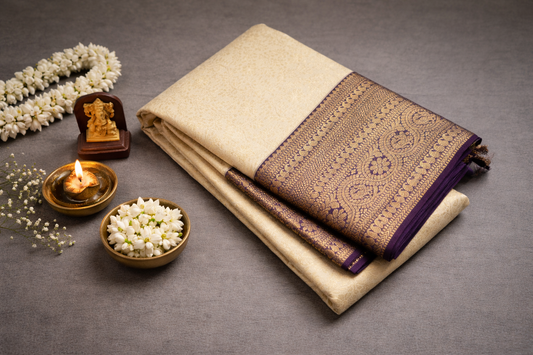 Elegant Cream & Gold Silk Saree with Rich Brown Zari Border