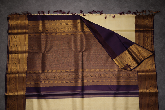 Elegant Cream & Gold Silk Saree with Rich Brown Zari Border