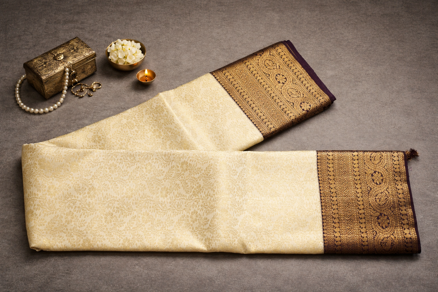 Elegant Cream & Gold Silk Saree with Rich Brown Zari Border
