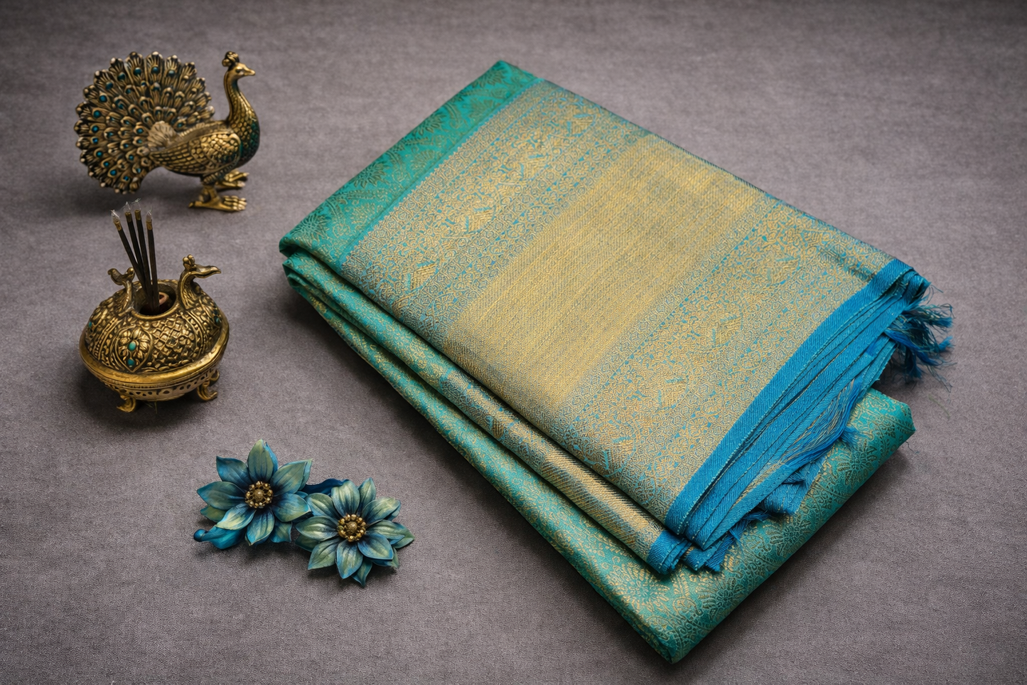 Elegant Teal Blue  Silk Saree with Gold Zari Floral Weave