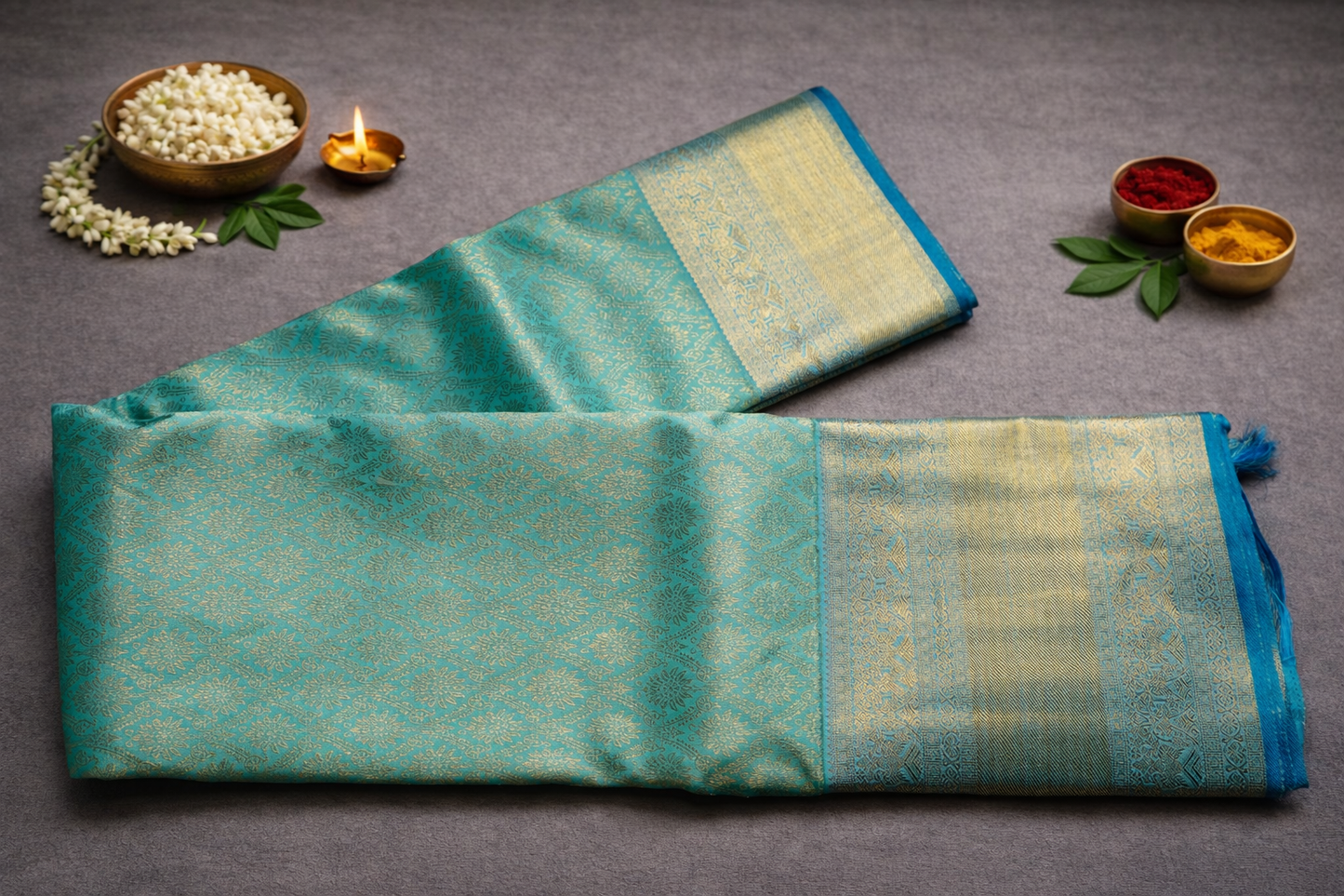 Elegant Teal Blue  Silk Saree with Gold Zari Floral Weave