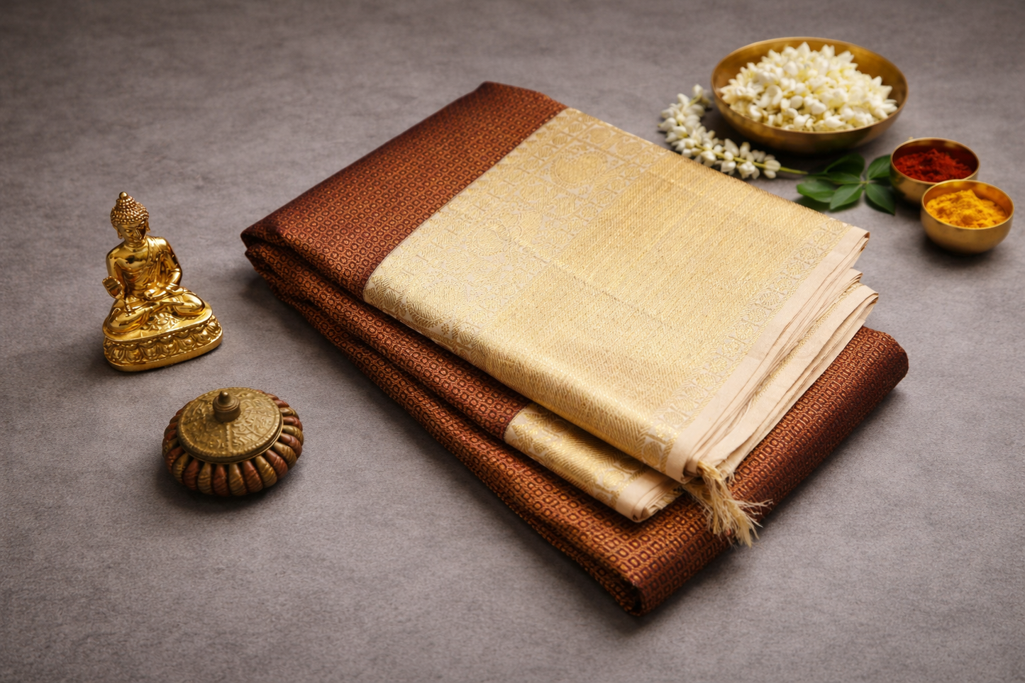 Elegant Copper Brown Banarasi Silk Saree with Gold Zari Border