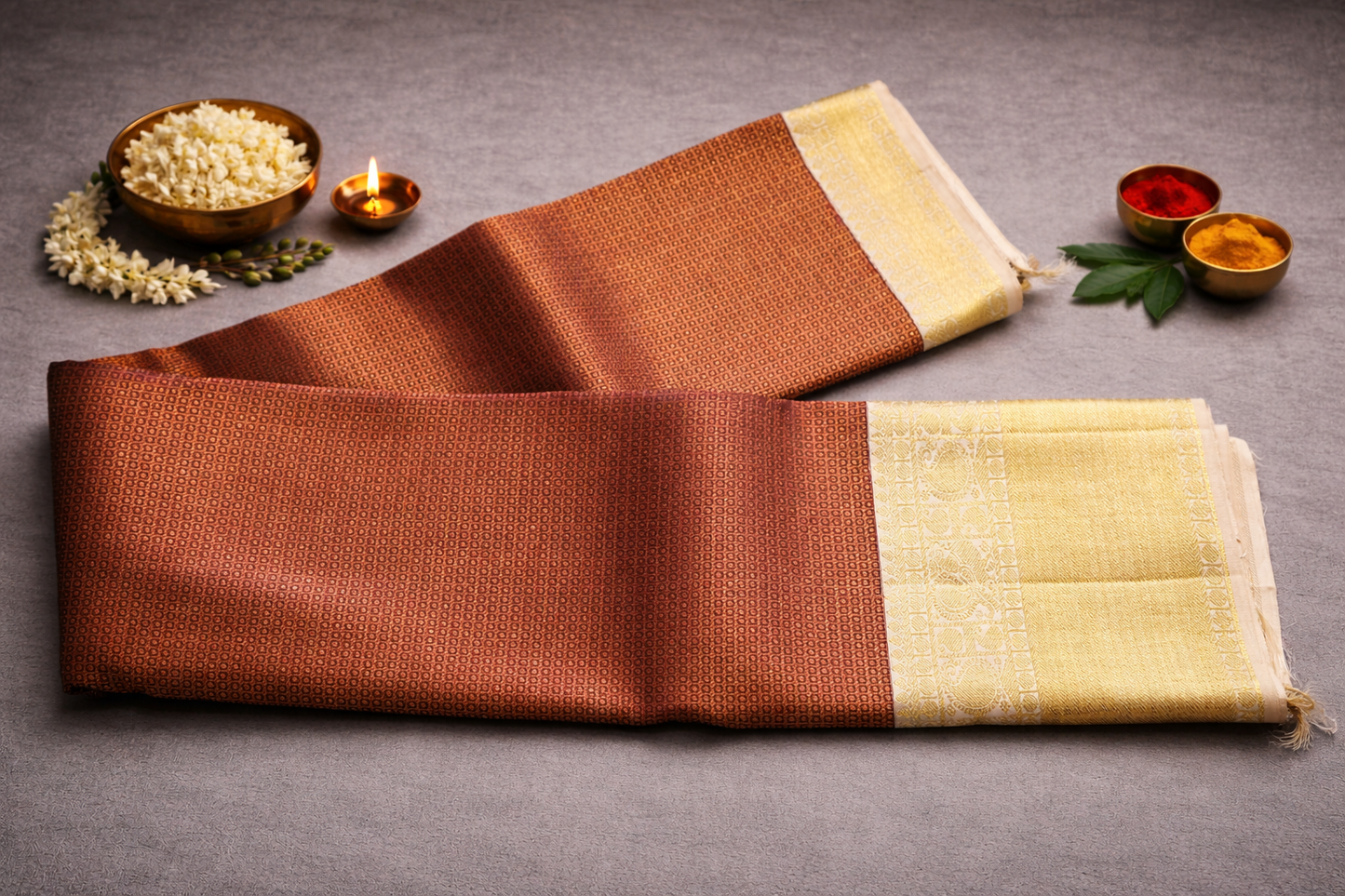 Elegant Copper Brown Banarasi Silk Saree with Gold Zari Border