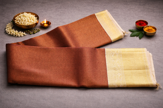 Elegant Copper Brown Banarasi Silk Saree with Gold Zari Border