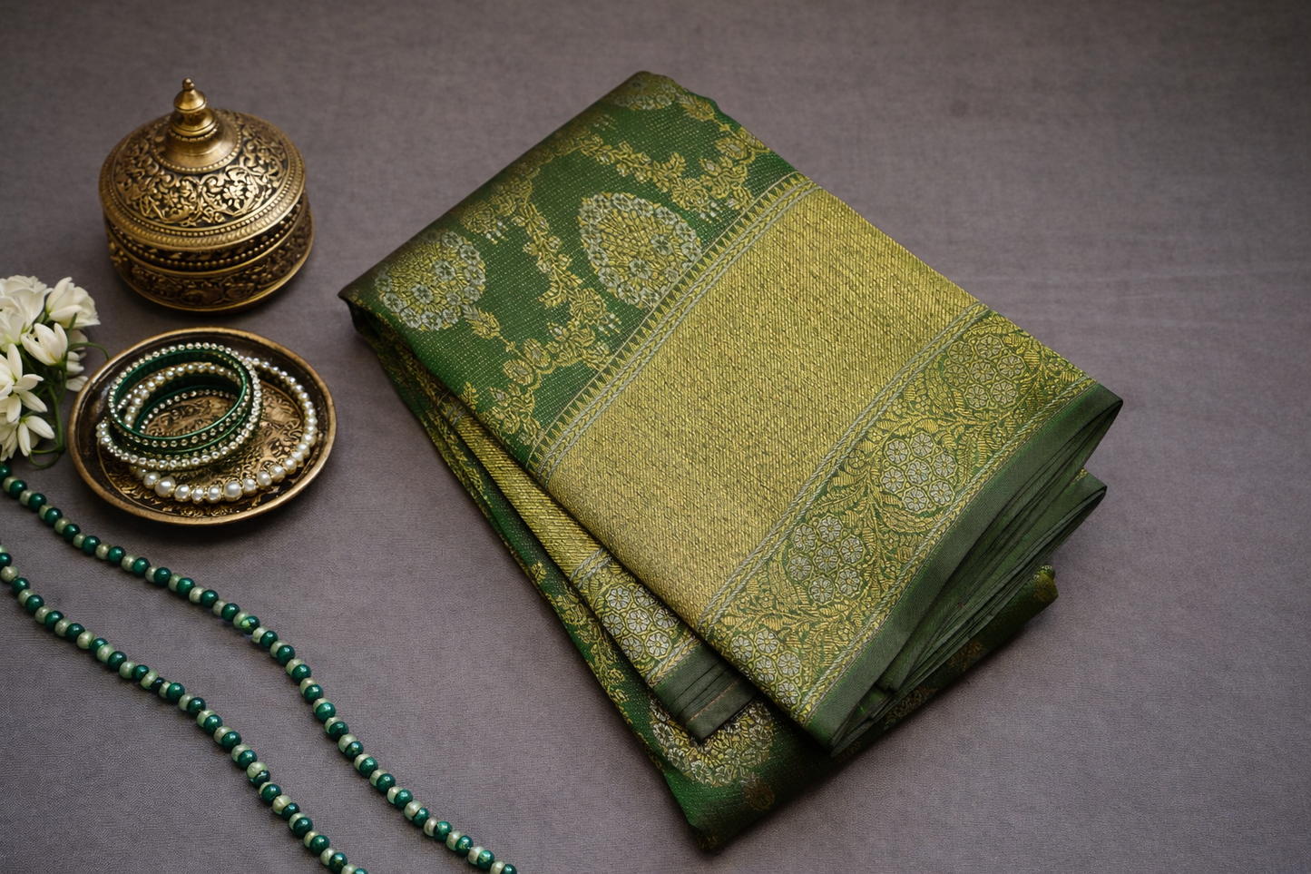 Elegant Green & Gold Zari Woven Silk Saree with Traditional Motifs