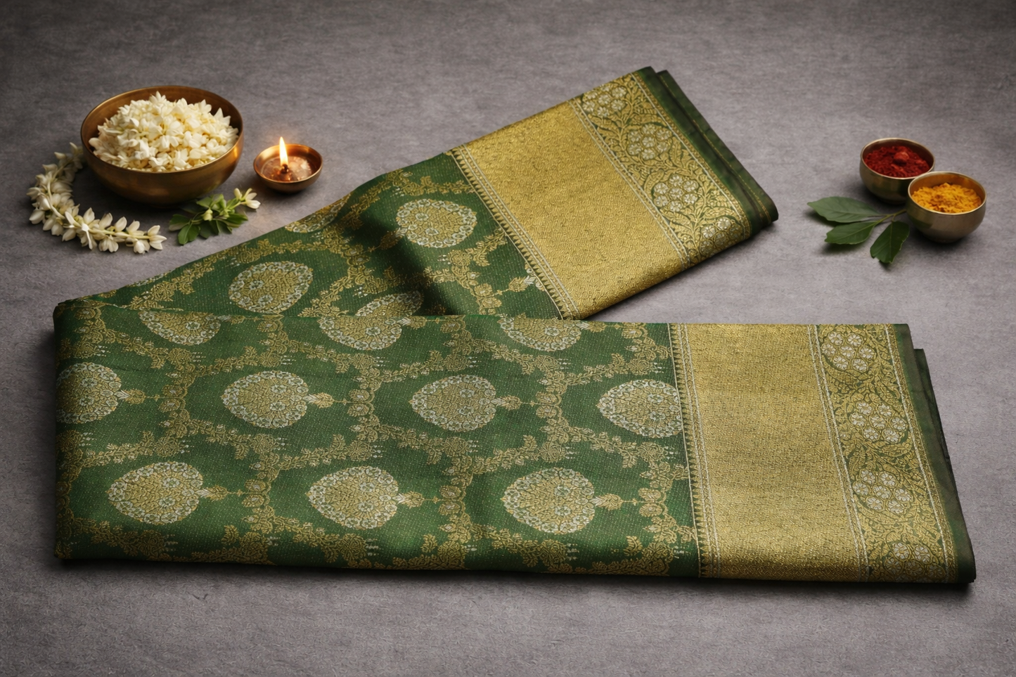 Elegant Green & Gold Zari Woven Silk Saree with Traditional Motifs