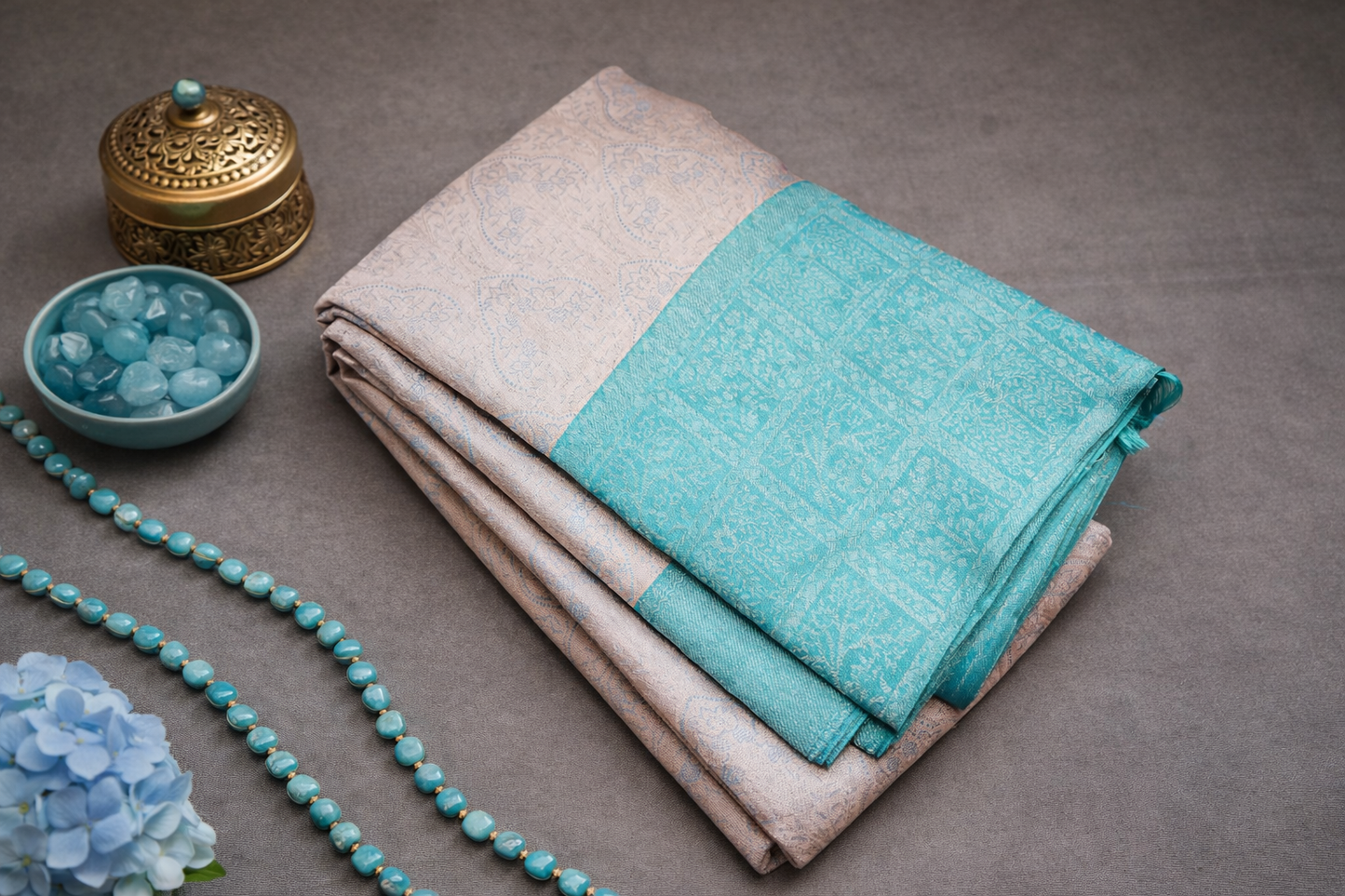 Elegant Peach & Aqua Blue Woven Silk Saree with Intricate Floral Motifs