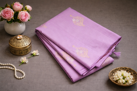 Royal Lavender & Copper Zari Woven Silk Saree with Temple Border