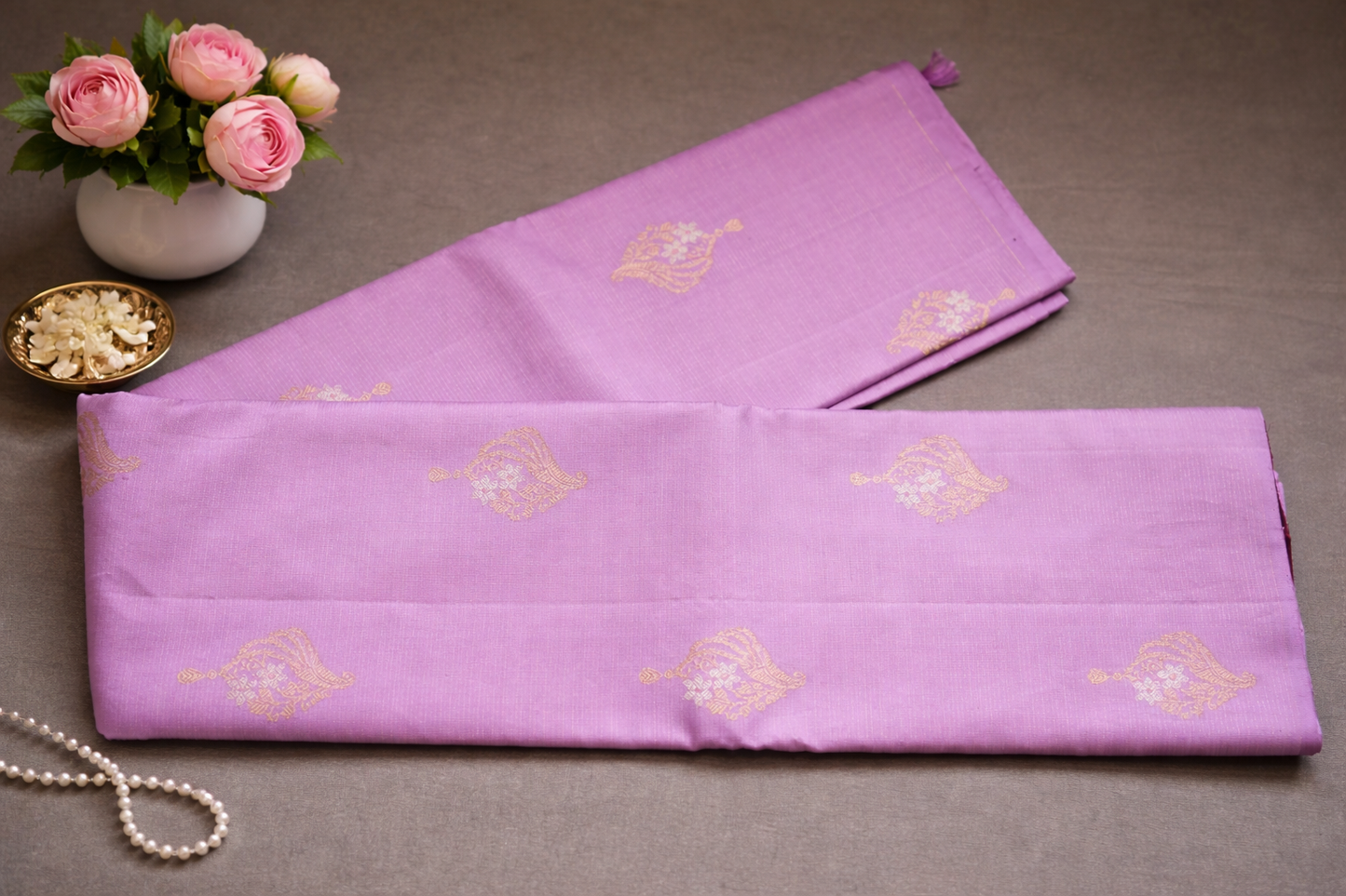 Royal Lavender & Copper Zari Woven Silk Saree with Temple Border