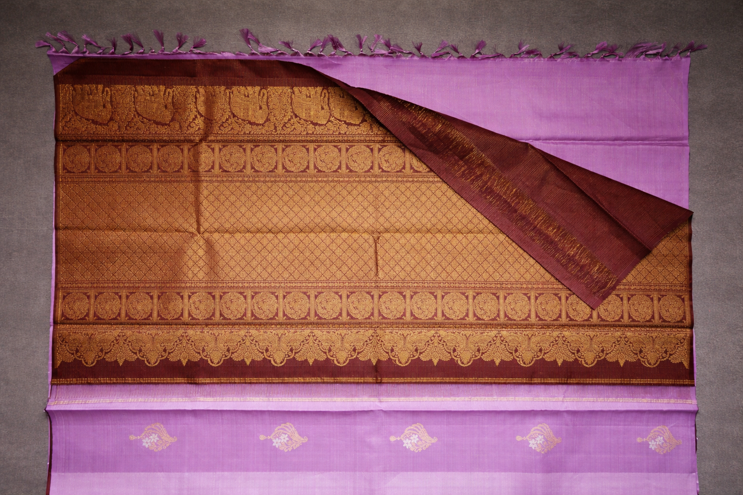 Royal Lavender & Copper Zari Woven Silk Saree with Temple Border