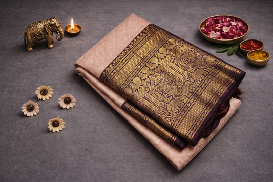 Elegant Blush Pink/Peach Traditional Zari Woven Silk Saree with Antique Gold Border