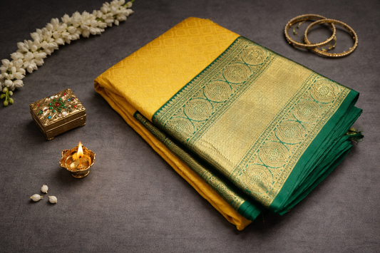 Royal Mustard Yellow Silk Saree with Traditional Green Zari Border