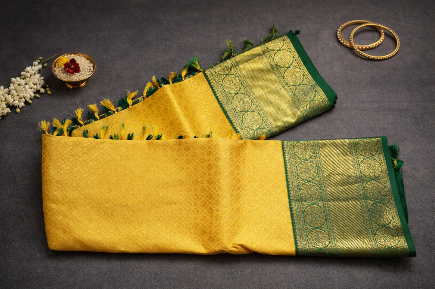 Royal Mustard Yellow Silk Saree with Traditional Green Zari Border