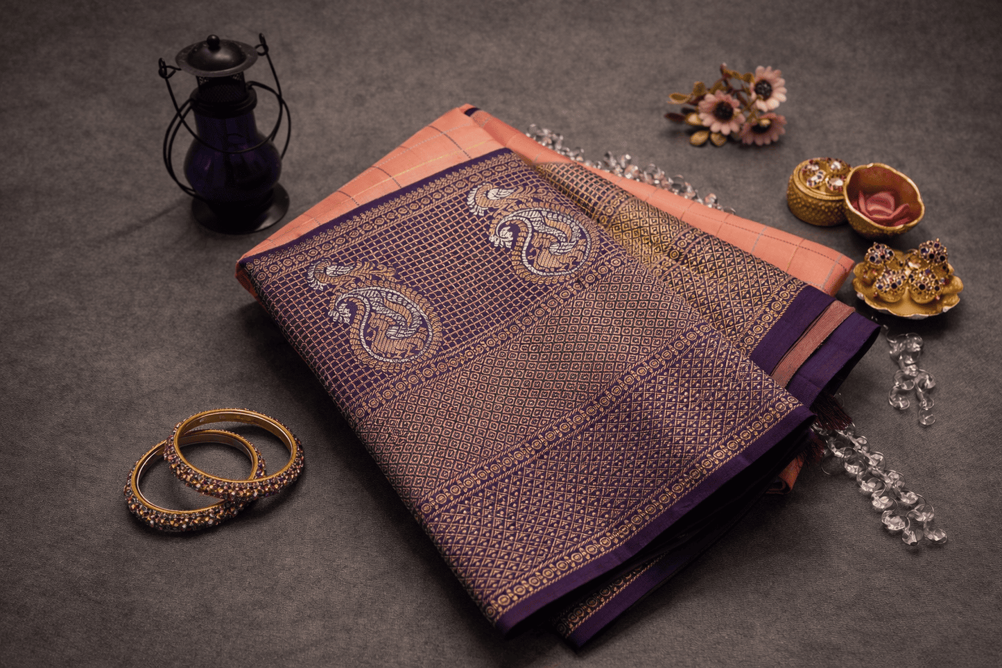 Peach & Royal Purple Pure Silk Saree with Zari Checks