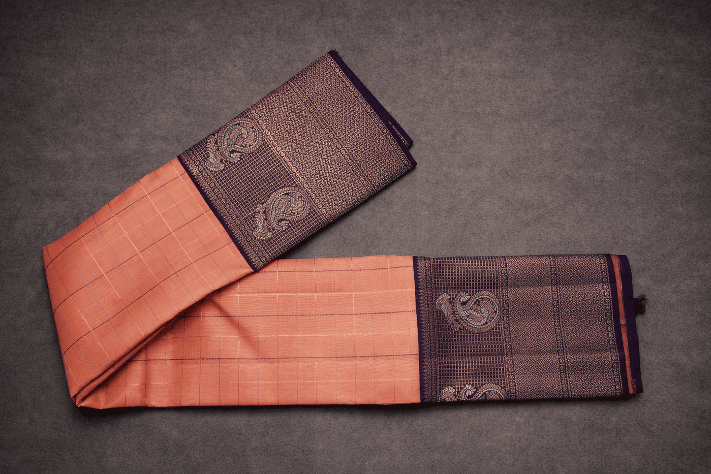Peach & Royal Purple Pure Silk Saree with Zari Checks