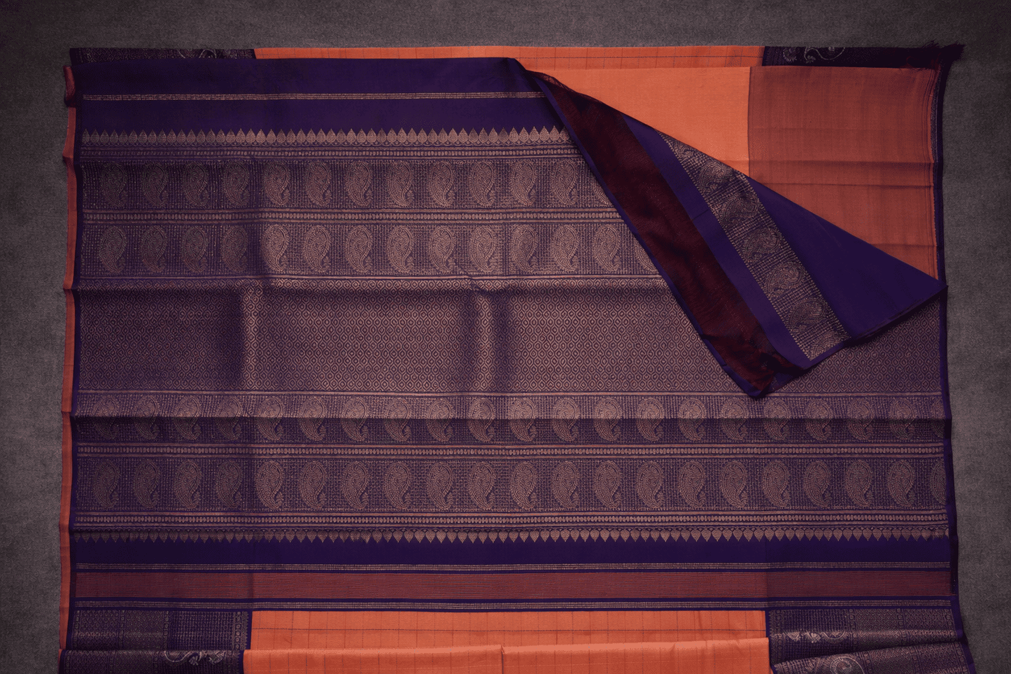 Peach & Royal Purple Pure Silk Saree with Zari Checks