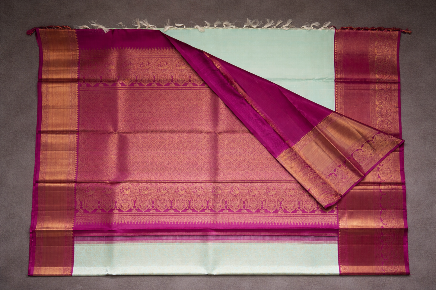 Pastel Mint Silk Saree with Magenta Zari Border
