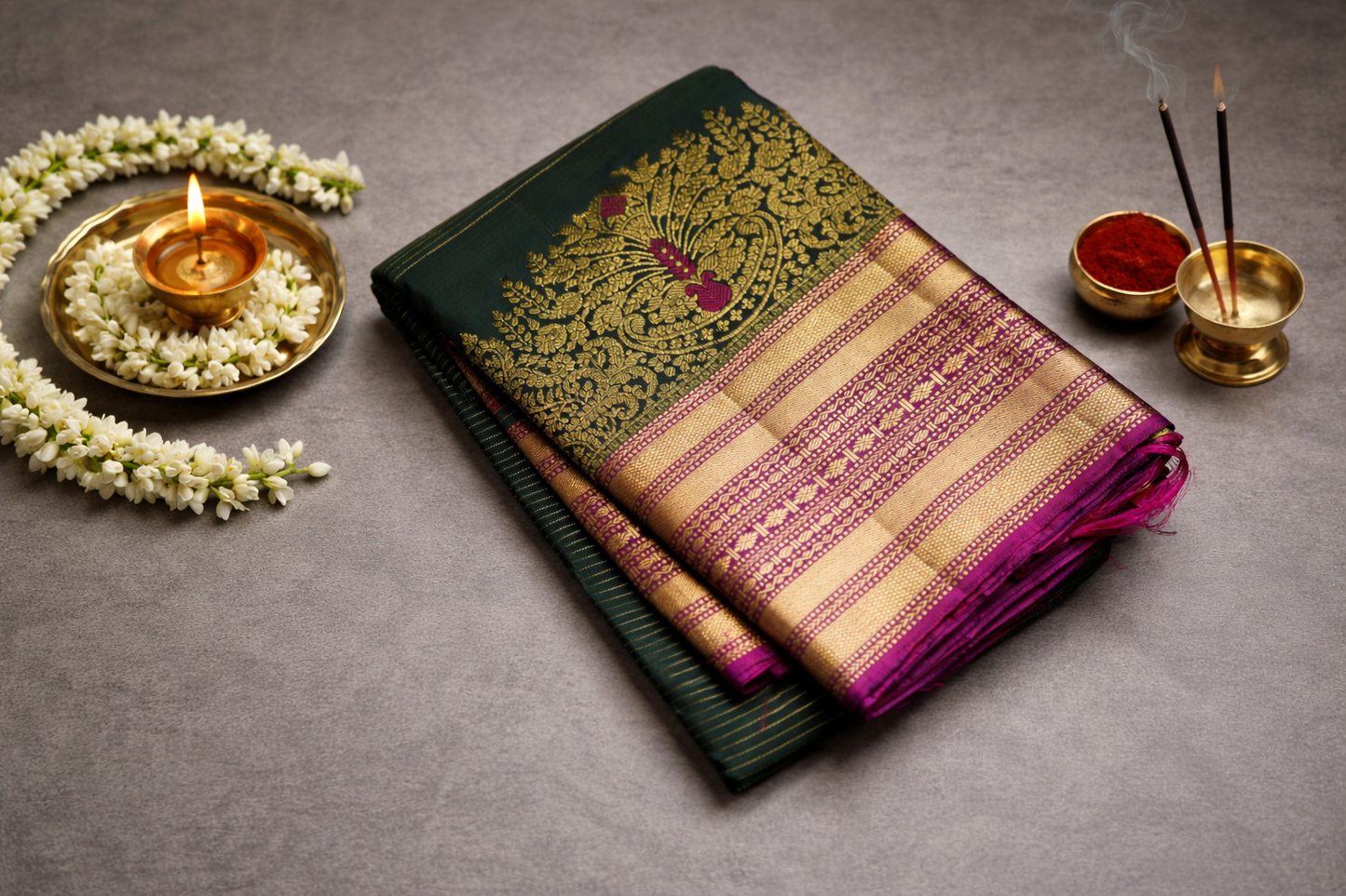 Dark Green Kanjivaram Silk Saree with Gold Zari Peacock Border