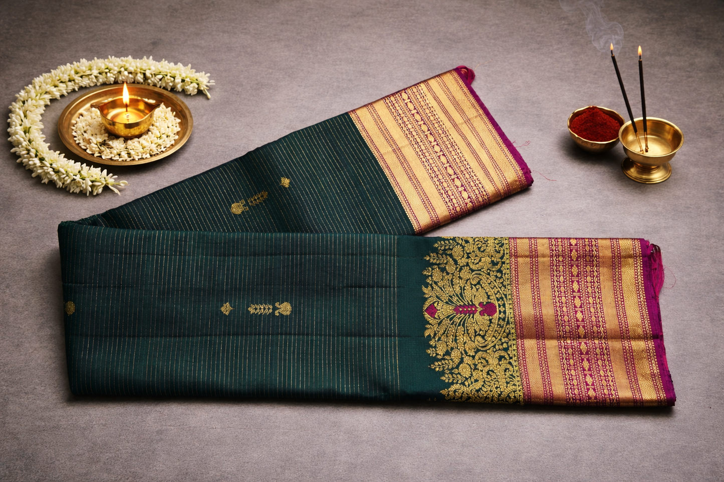 Dark Green Kanjivaram Silk Saree with Gold Zari Peacock Border