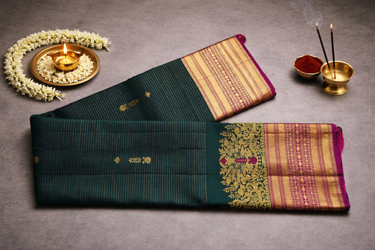 Dark Green Kanjivaram Silk Saree with Gold Zari Peacock Border