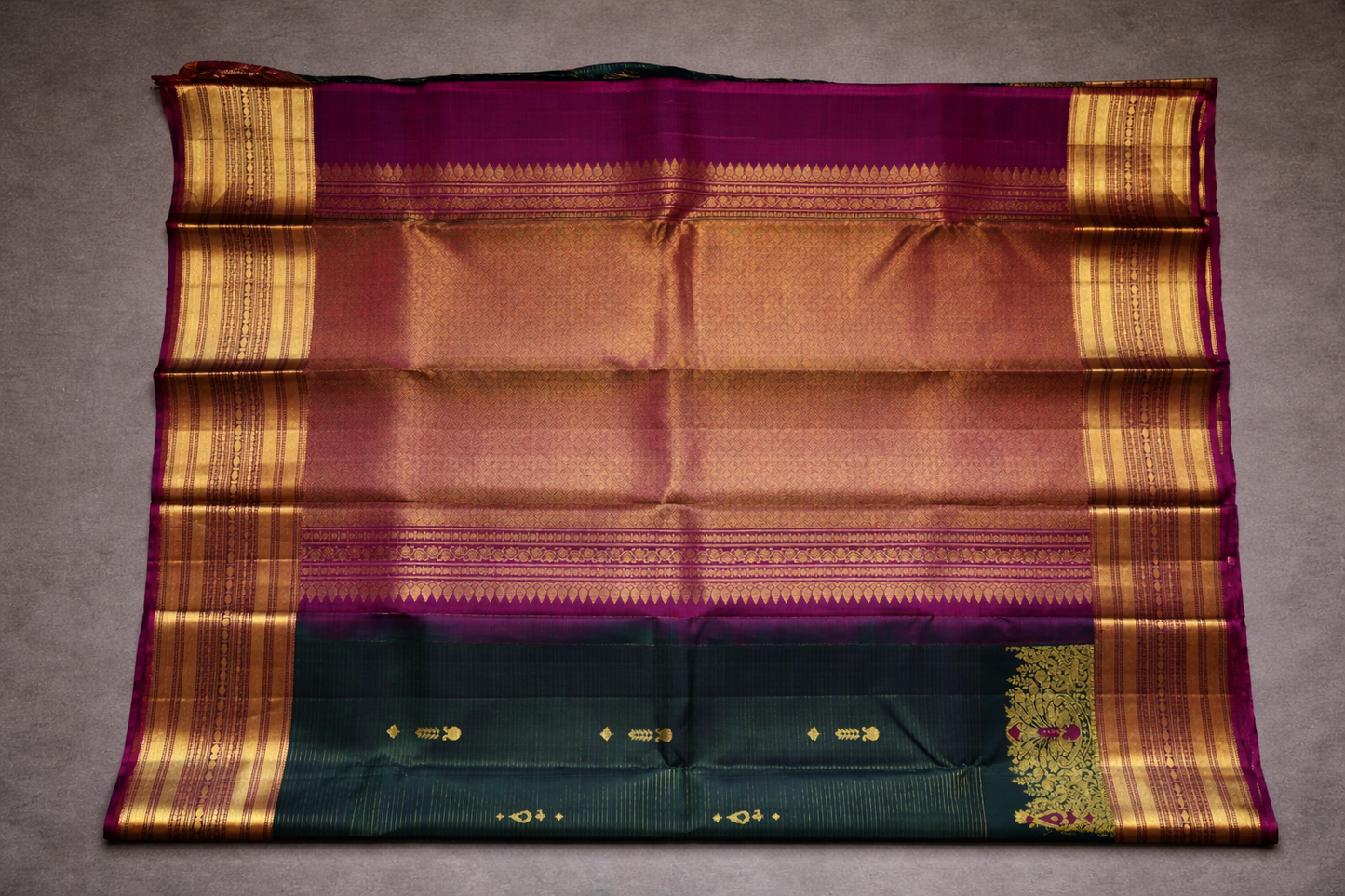 Dark Green Kanjivaram Silk Saree with Gold Zari Peacock Border