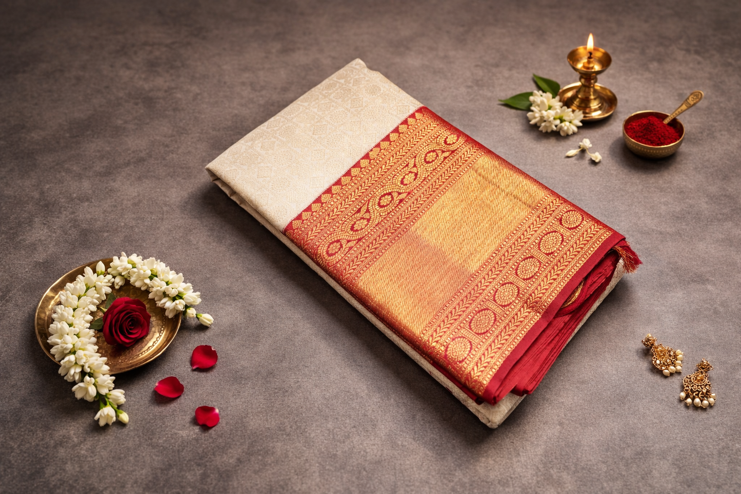Ivory Cream Kanjivaram Silk Saree with Red Gold Zari Border