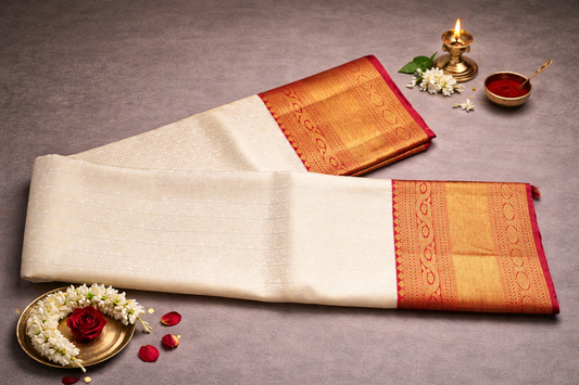 Ivory Cream Kanjivaram Silk Saree with Red Gold Zari Border