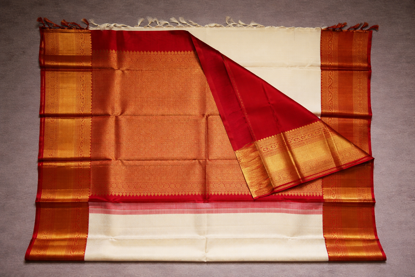 Ivory Cream Kanjivaram Silk Saree with Red Gold Zari Border