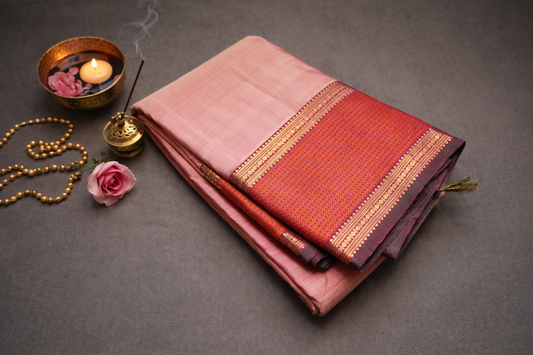 Elegant Blush Pink Silk Saree with Rich Rust-Orange Zari Border