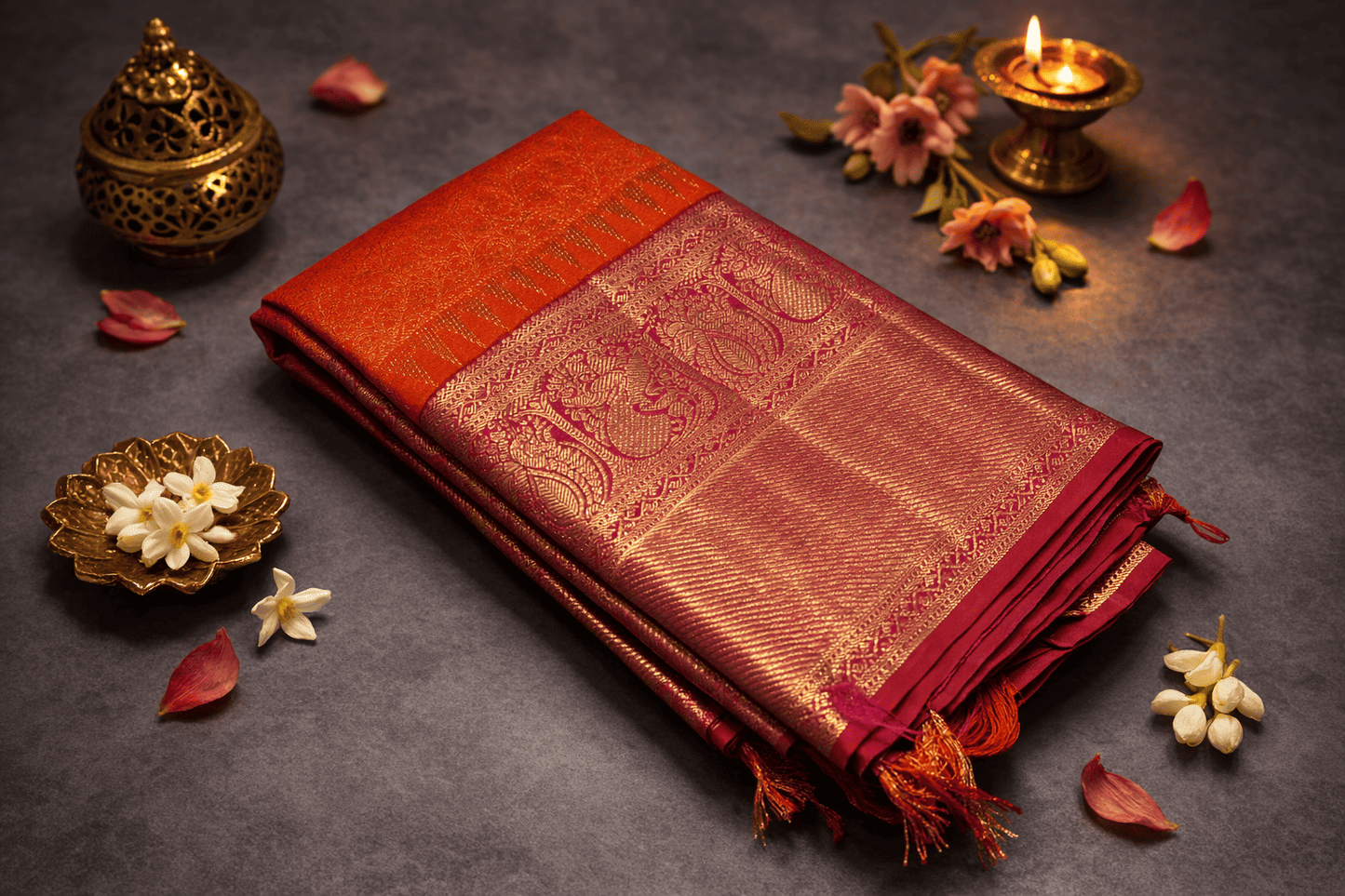 Radiant Rust Orange & Magenta Temple Silk Saree