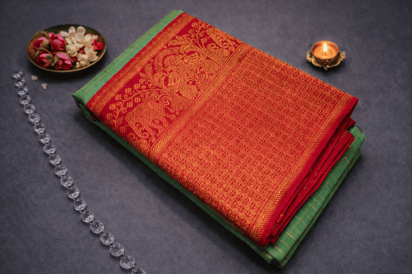Mint Sorbet & Scarlet Silk Saree with Gilded Checks