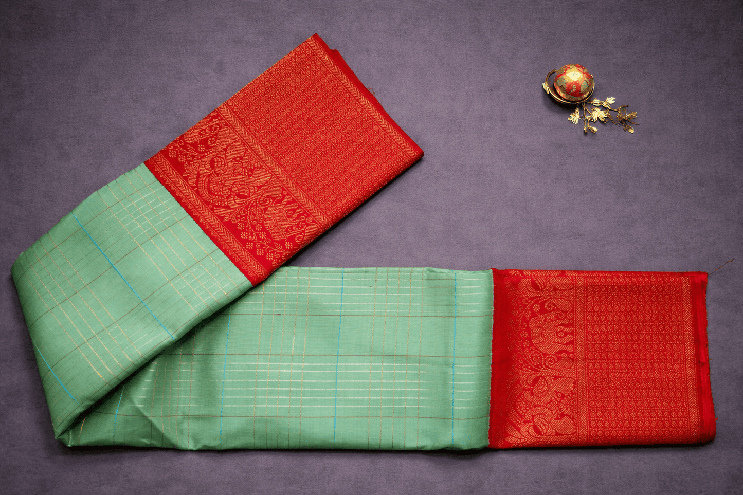 Mint Sorbet & Scarlet Silk Saree with Gilded Checks