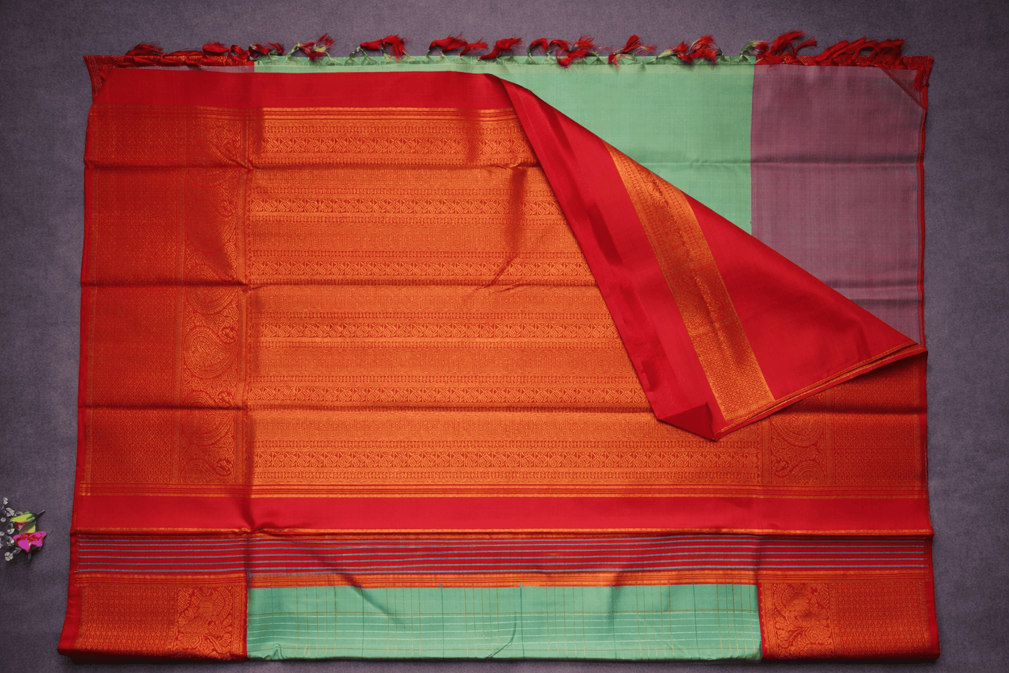 Mint Sorbet & Scarlet Silk Saree with Gilded Checks