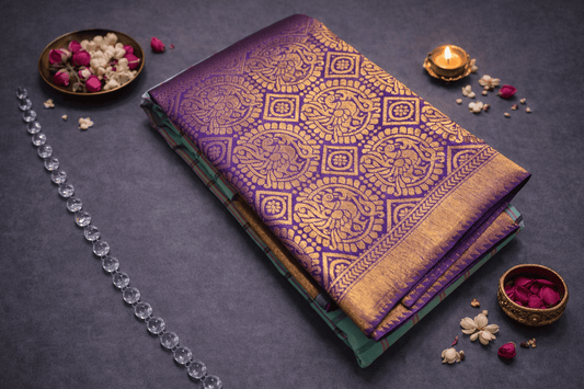 Turquoise Teal & Amethyst Purple Kanchipuram Silk