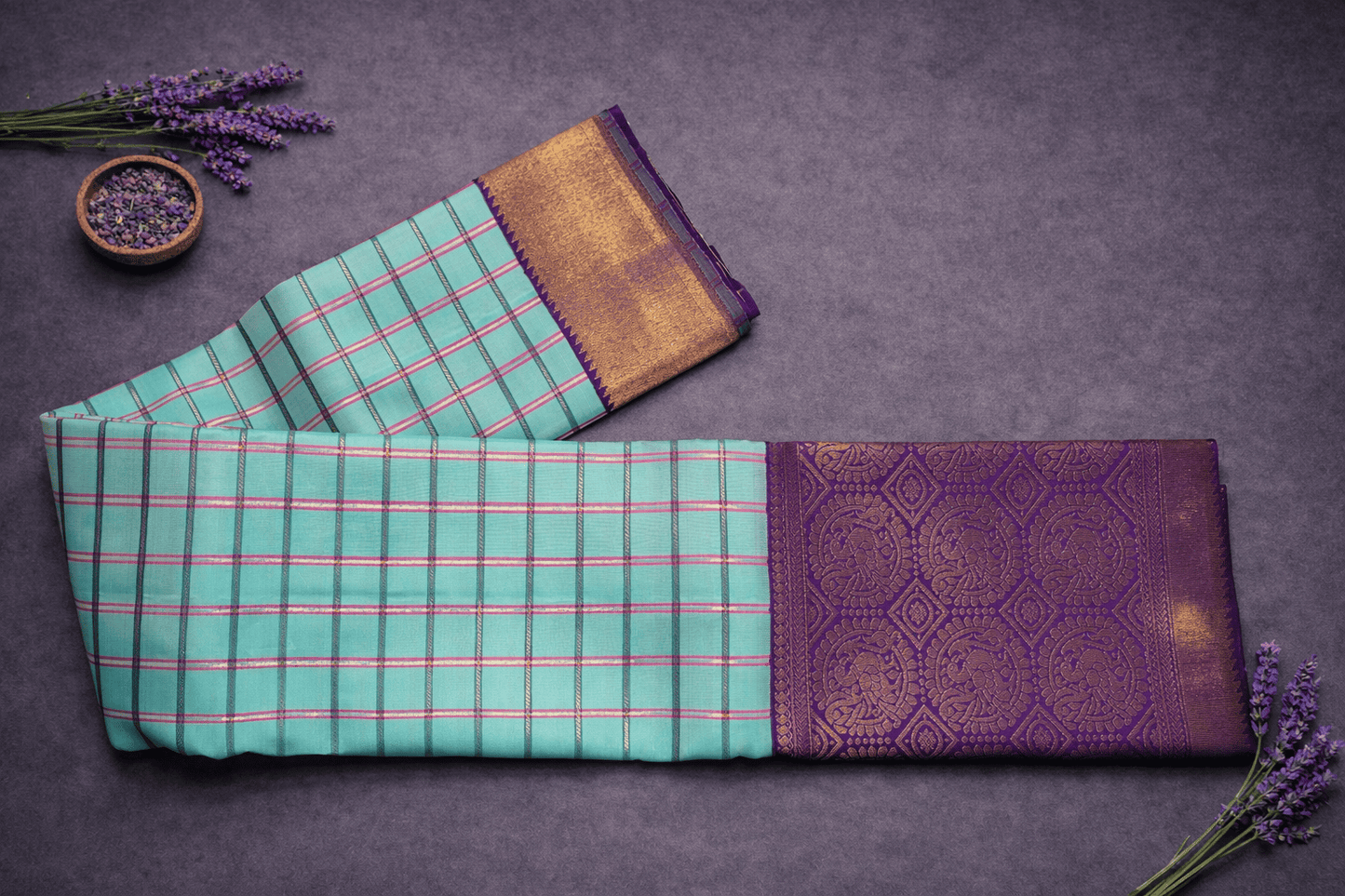 Turquoise Teal & Amethyst Purple Kanchipuram Silk