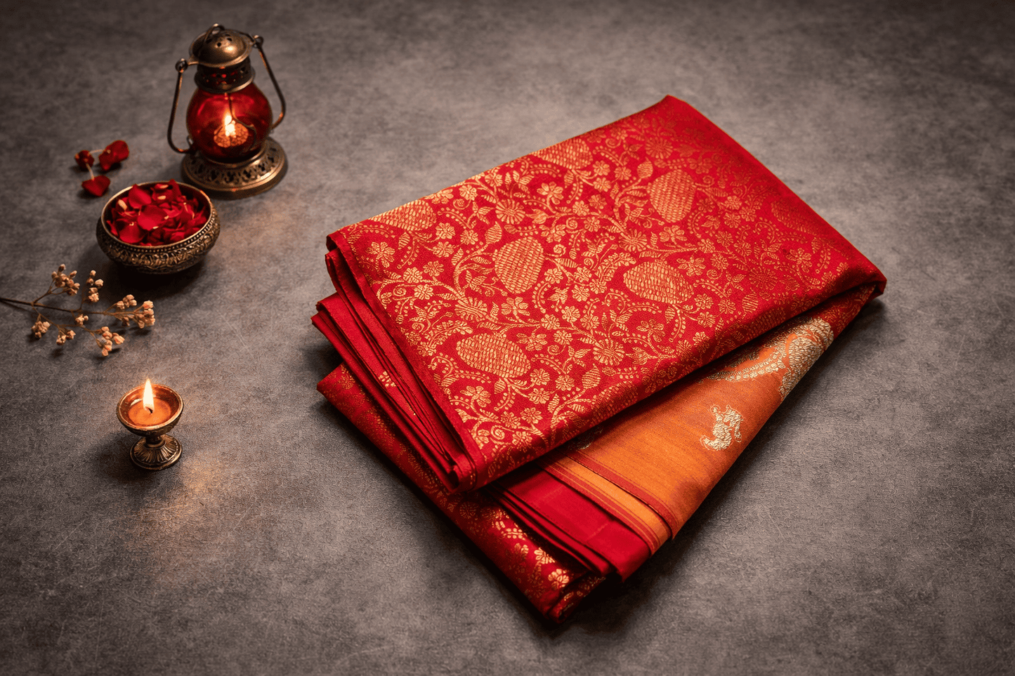 Royal Red & Orange Brocade Kanchi Silk Saree